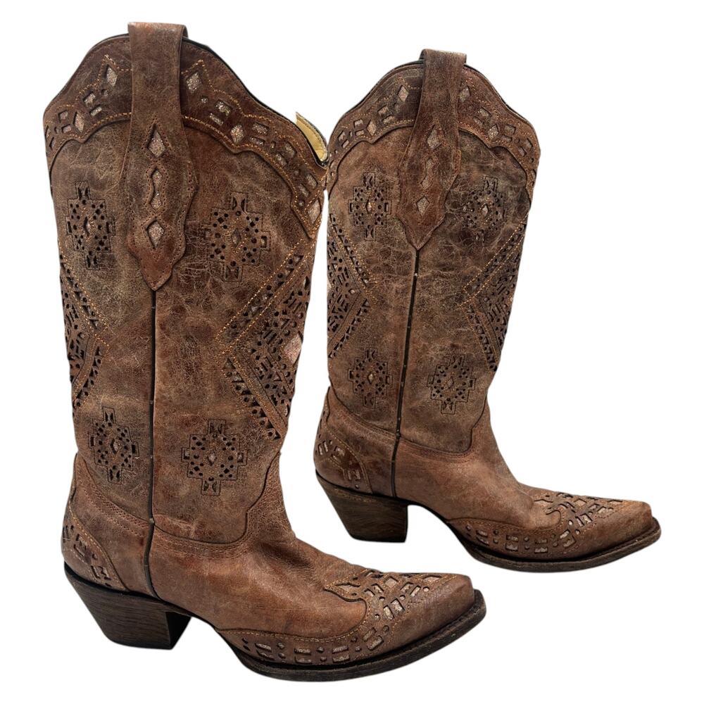 Corral Cowboy Western Boots Glitter Inlay Cognac Brown Women's Size 8M